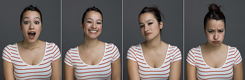 Maximize the Benefits of Your Hearing Aid - Young woman making sixteen different facial expressions. 